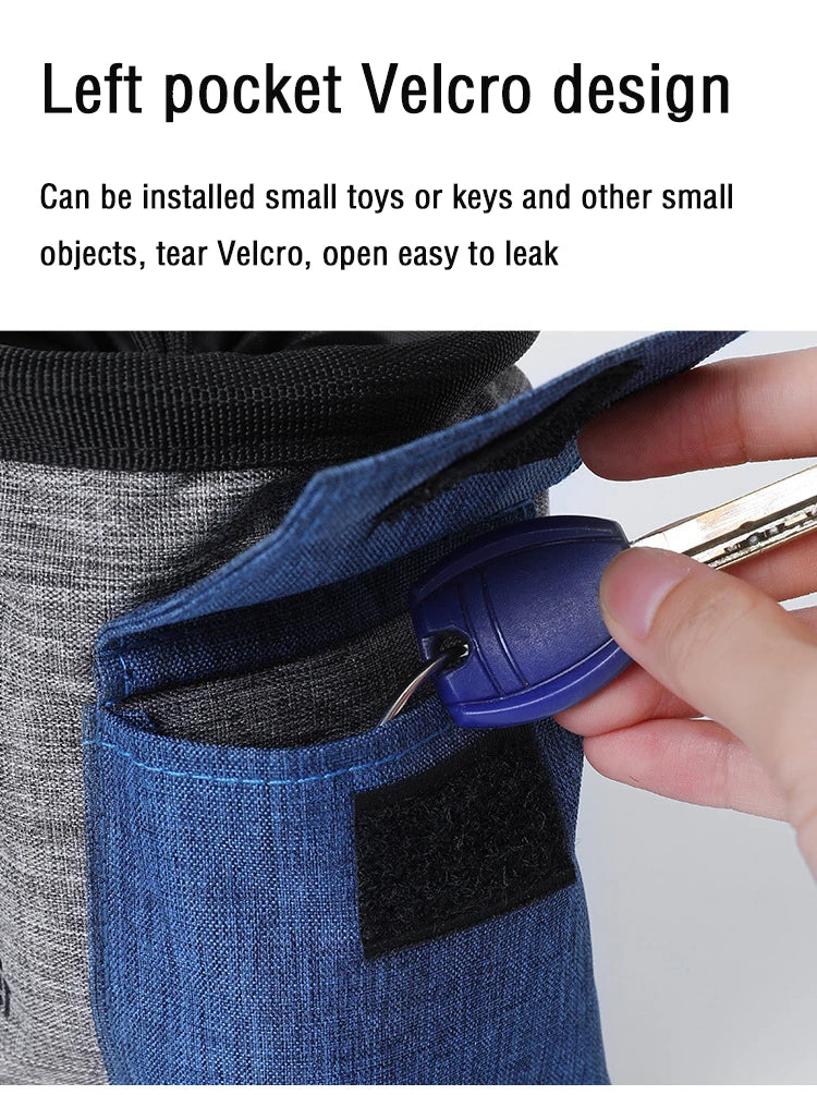Velcro pocket on dog accessory bag with keys inside, close-up detail