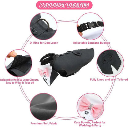 Pet tuxedo outfit for dogs with adjustable bandana, D-ring leash, premium suit fabric, and pink bowtie