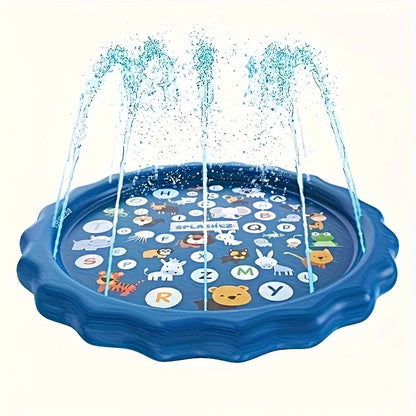 Blue splash pad for dogs with alphabet and animal illustrations, water spraying upward