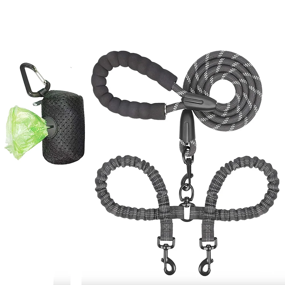 Pet Dog Leashes Walk 2 Two Dogs Nylon Leash Coupler Double Ropes Twin Leads Walking Dog with Poop Bag Multi Leashes 1.5+0.5M