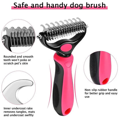 Safe and handy pet deshedding brush with rounded teeth, double-sided coat thinning tool, and non-slip handle for dogs and cats