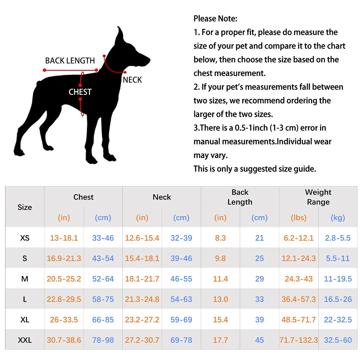 Size guide for waterproof dog life jacket with chest, neck, back length measurements and weight chart for proper fit