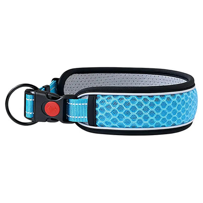 Blue reflective adjustable dog collar with breathable mesh, durable buckle, and padded comfort for small to large dogs