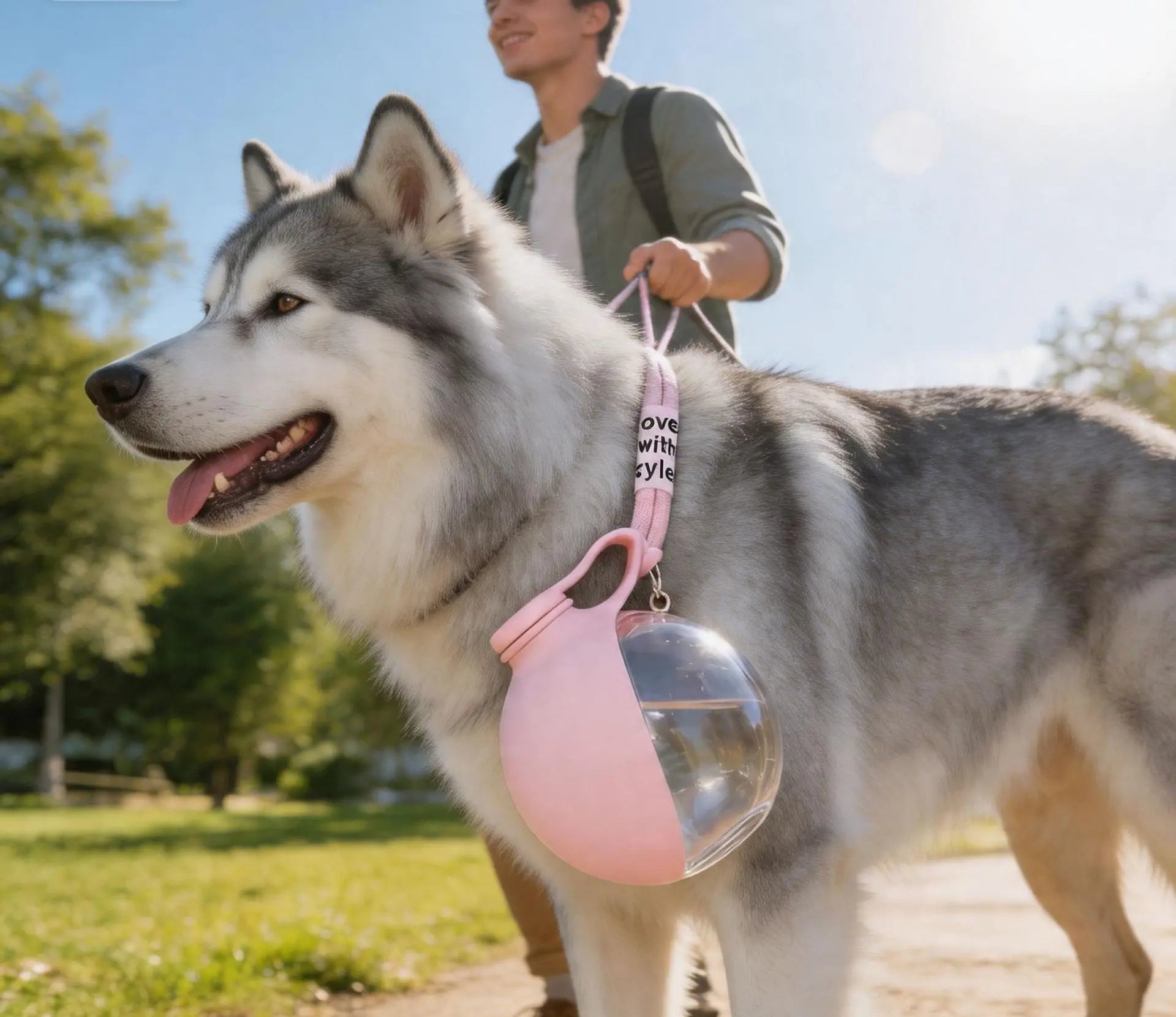 portable dog water bottle for outdoor walks, pink 2-in-1 leak-proof travel dispenser for dogs