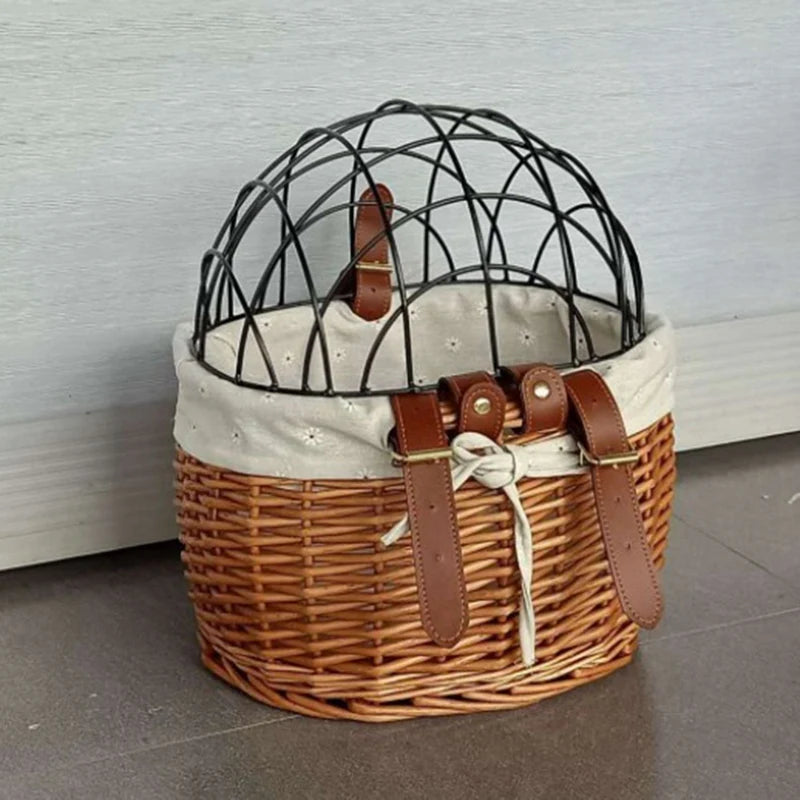 Cat Dog Bicycle Front Handlebar Basket Pets Seat Handwoven Wicker MTB Road Bike Basket Pet Cat Dog Carrier