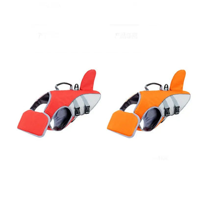 dog life jacket with back traction hook, quick-release buckle, and adjustable strap in red and orange