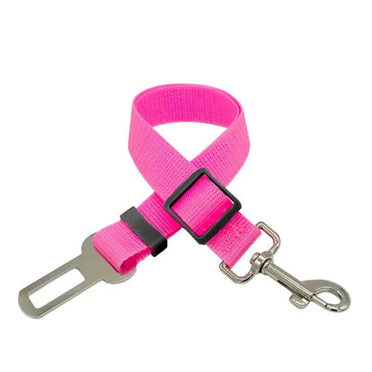 Pink nylon dog car seat belt with adjustable 45-72cm strap and metal clip for safe pet travel