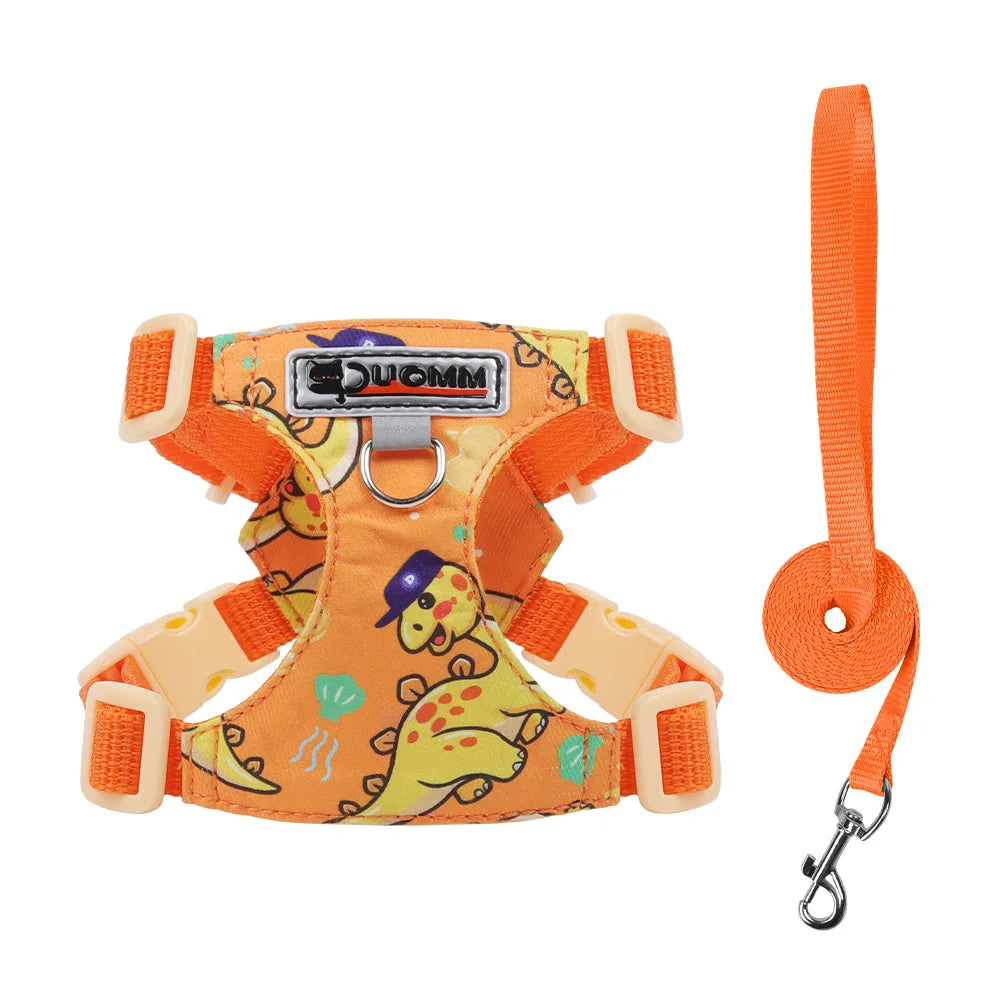 puppy print dog harness and leash set, orange adjustable soft padded vest with cute dog print for small medium dogs