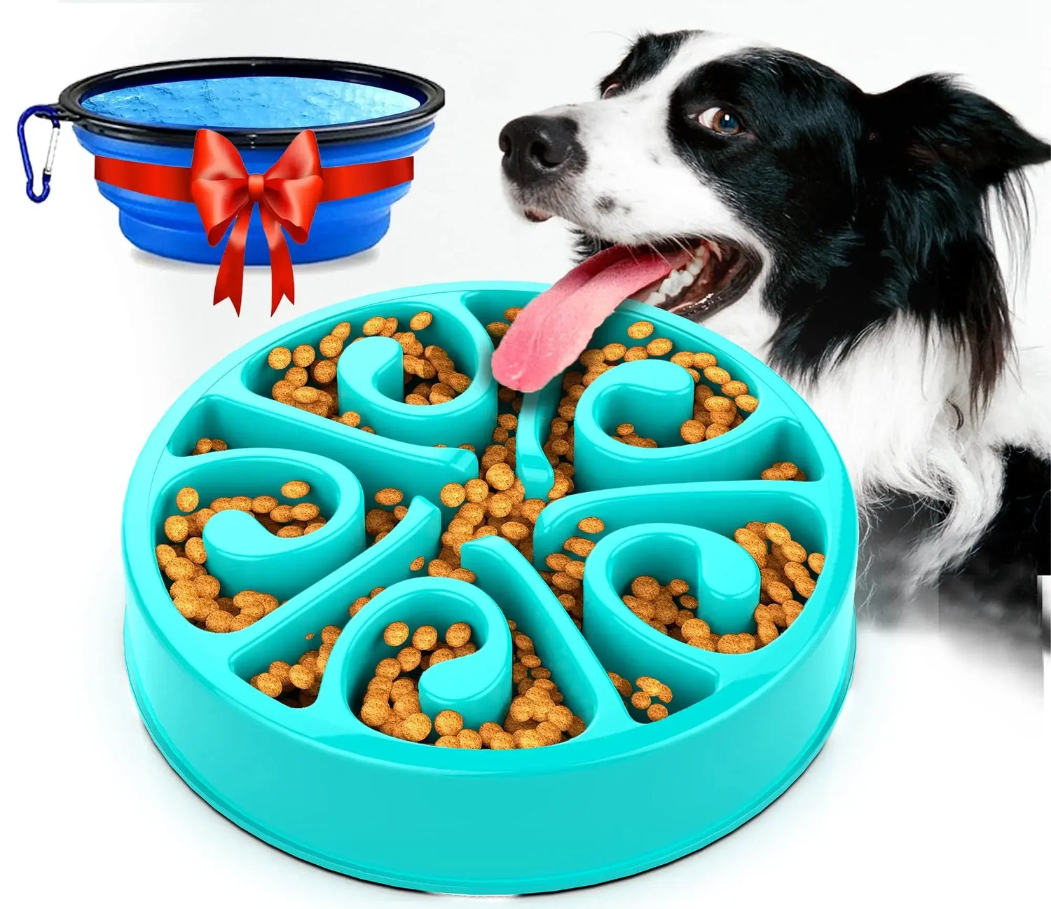 Blue slow feeder dog bowl for large, medium, and small dogs, non-slip anti-gulping plastic feeding dish