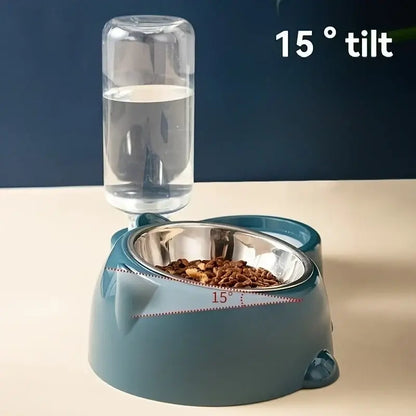 automatic pet feeder and water dispenser for cats and dogs, 15-degree tilt slanted bowl with integrated water bottle