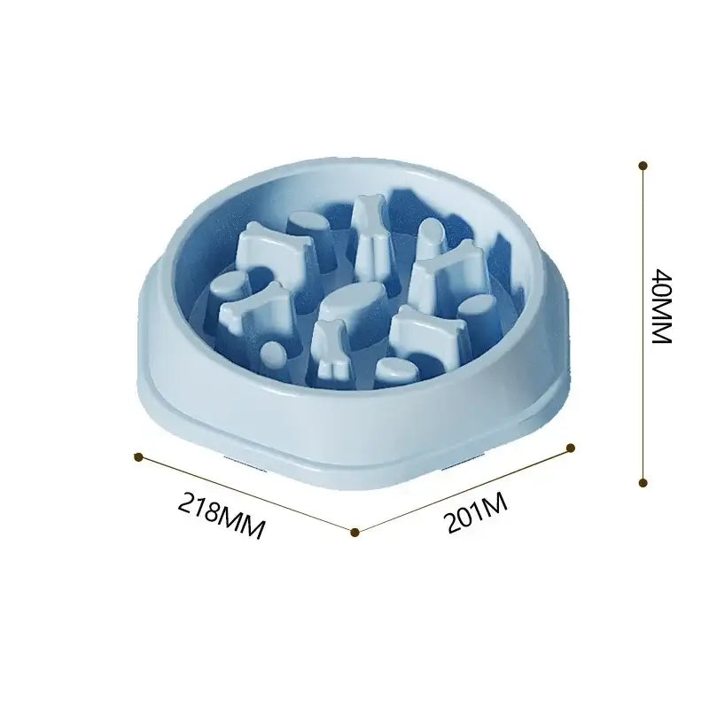 Blue anti-choking slow feeder bowl for dogs and cats, round thickened non-slip maze design, 218x201x40mm