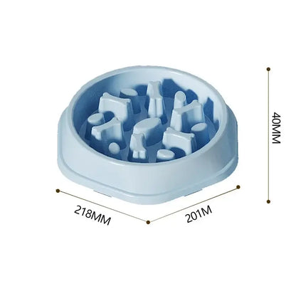 Blue anti-choking slow feeder bowl for dogs and cats, round thickened non-slip maze design, 218x201x40mm