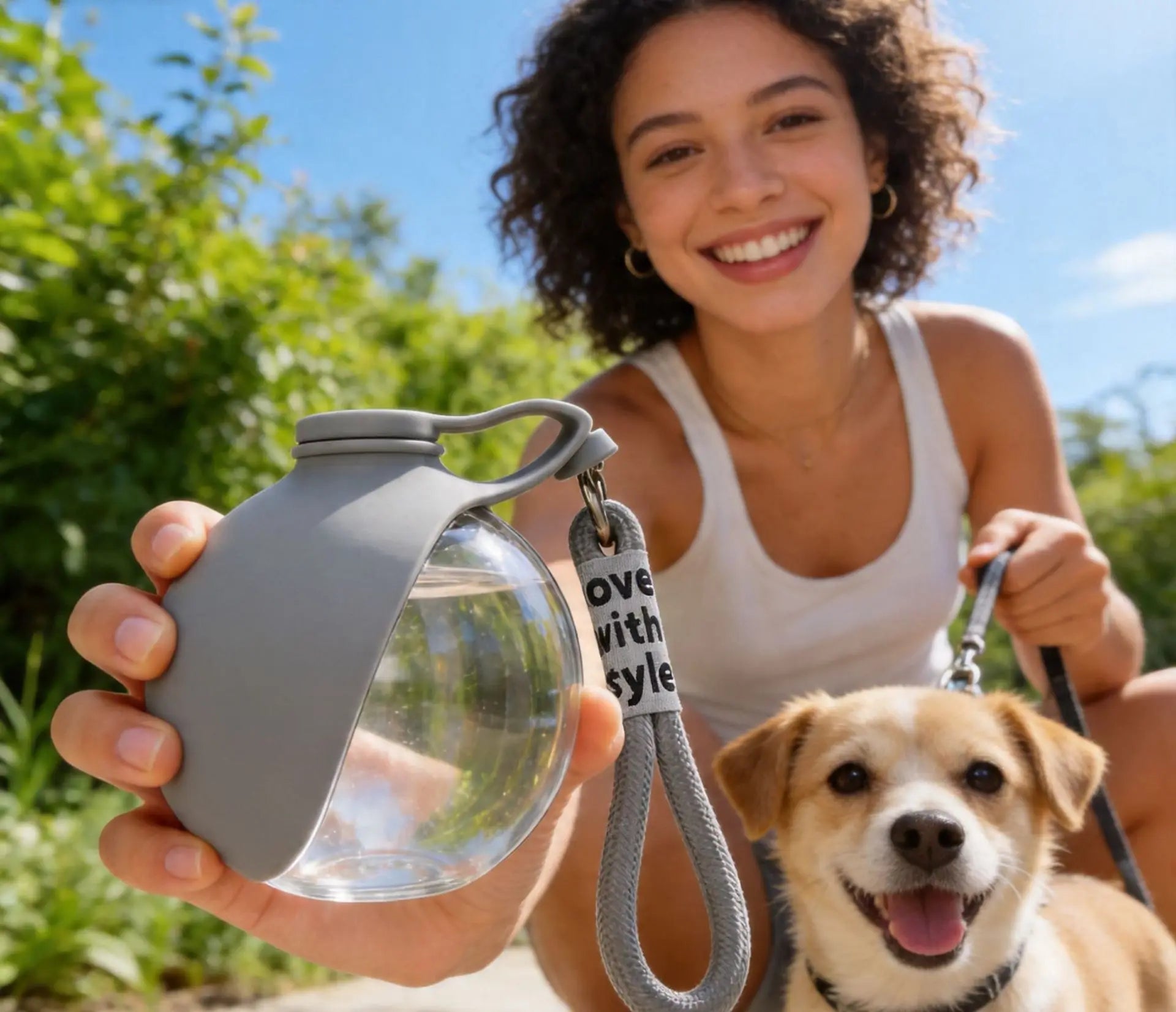 portable dog water bottle for outdoor walks, leak-proof pet hydration bottle with leash, held by smiling woman