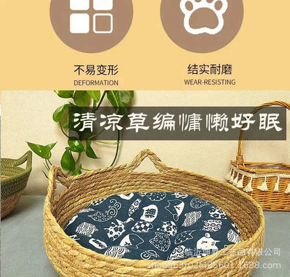 rattan cat basket bed with soft cushion, round donut pet nest for cats and small dogs, cozy warm sleeping bed