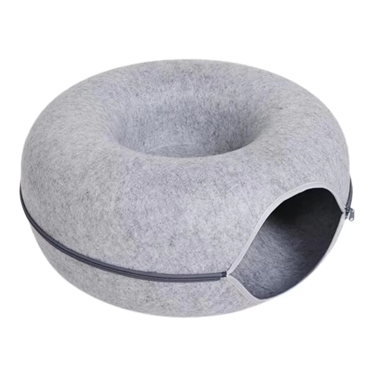 Light gray round cat tunnel bed with donut nest design, cozy felt sleeping cushion and hideaway house for cats