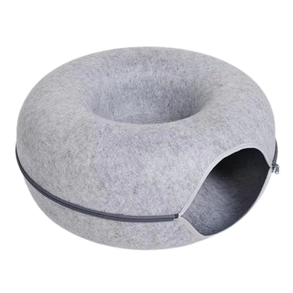 Light gray round cat tunnel bed with donut nest design, cozy felt sleeping cushion and hideaway house for cats