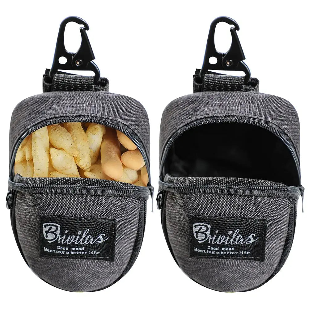 Gray dog treat pouches with zipper closures and clips, one pouch filled with treats