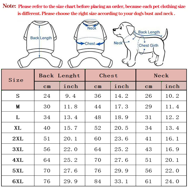 Dog clothing size chart with measurements for back length, chest, and neck in cm and inches.
