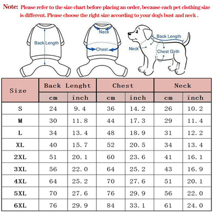 Dog clothing size chart with measurements for back length, chest, and neck in cm and inches.