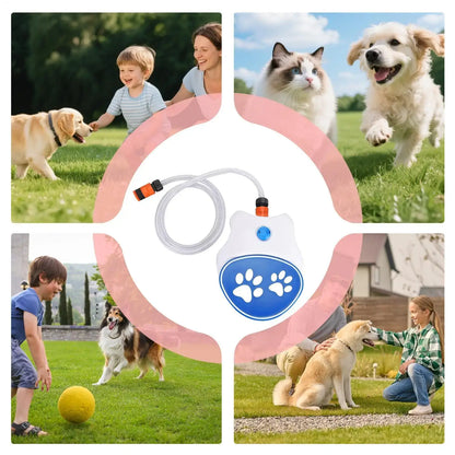 step on dog water fountain for pets, paw-activated outdoor sprinkler drink dispenser with hose for yard, patio, and lawn