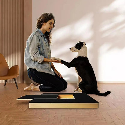 Dog nail scratch pad for training and nail trimming, with woman and dog using a wooden pet nail grinder board indoors