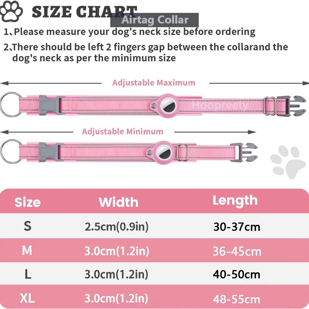 Pink adjustable Airtag dog collar size chart with measurements for S to XL.