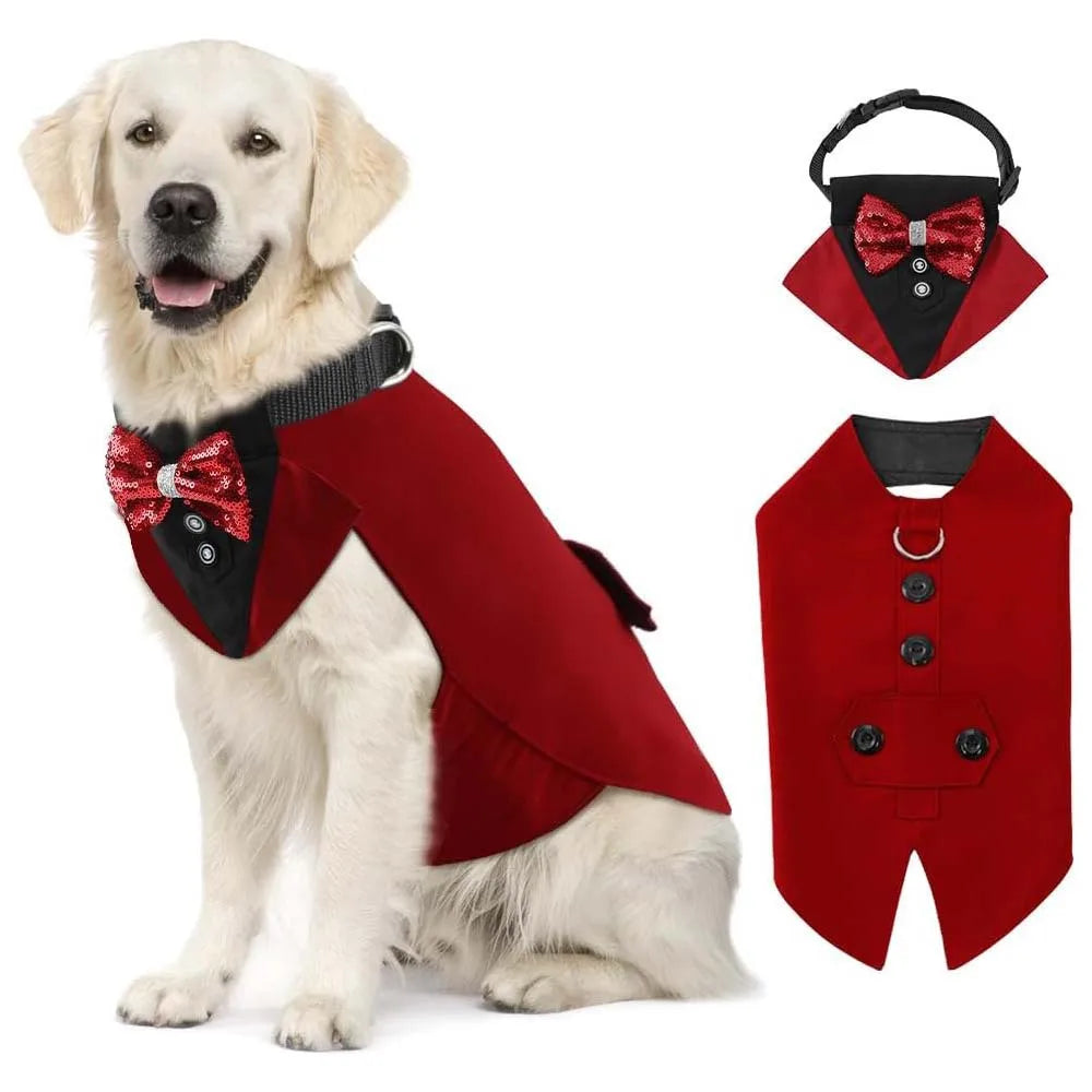 pet tuxedo outfit for dogs with matching collar, red formal party costume vest, premium pet clothes for all seasons