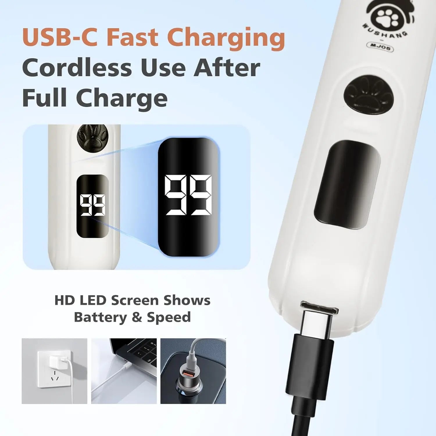 electric dog nail grinder with USB-C fast charging, 3-speed cordless pet nail trimmer and HD LED display