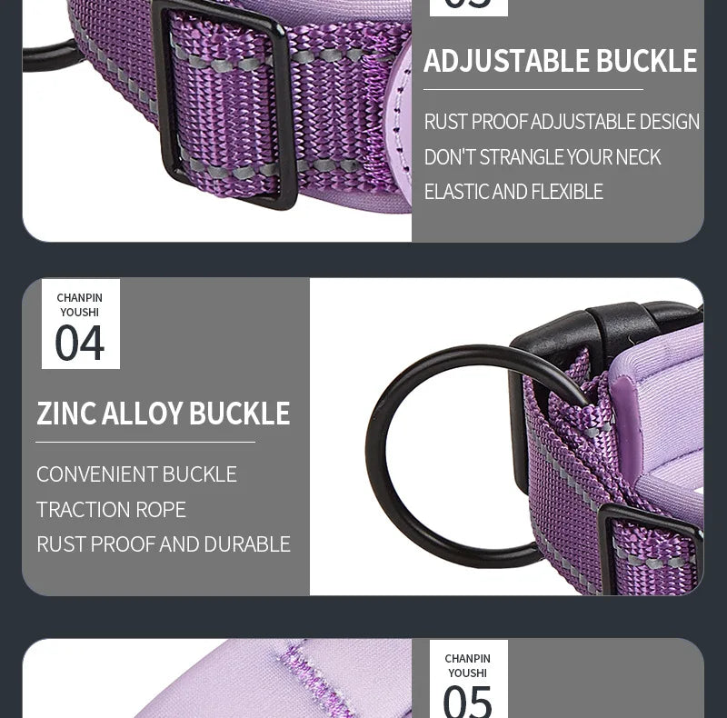 Purple dog collar with adjustable rust-proof buckle and zinc alloy ring for leash attachment