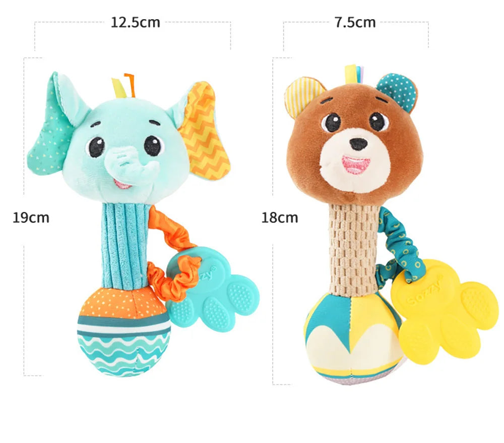 soft baby rattle toy plush animal hand grip shaker for newborns, sensory play, crinkle squeaky travel toy