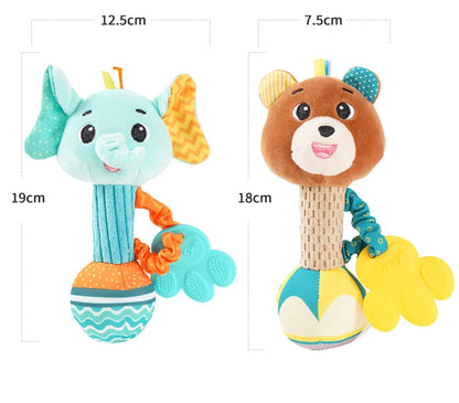 soft baby rattle toy plush animal hand grip shaker for newborns, sensory play, crinkle squeaky travel toy
