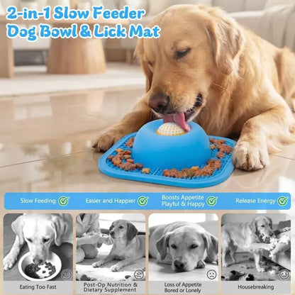 Golden retriever using a slow feeder dog bowl lick mat to eat kibble and lick treats, preventing fast eating
