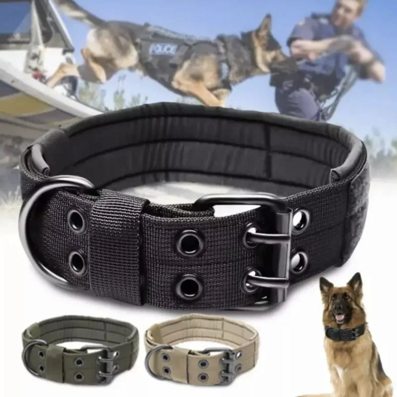 Reflective tactical dog collar with heavy-duty nylon, quick release buckle, and adjustable fit for training and large dogs.