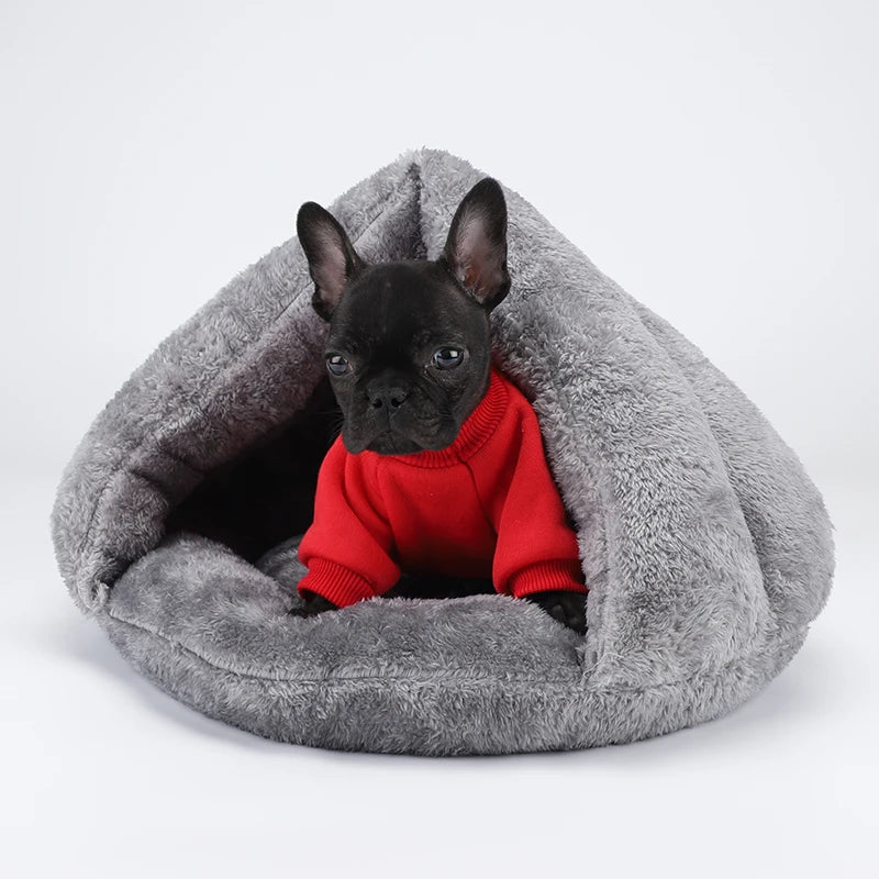 washable plush dog bed for small dogs, cozy gray pet sofa bed with puppy in red sweater