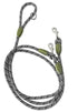 Durable black and white rope dog leash with green accents and dual metal clips for walking dogs