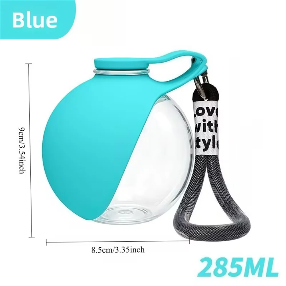 Blue portable pet water bottle, 285ML leak-proof travel dispenser with foldable bowl and carry strap