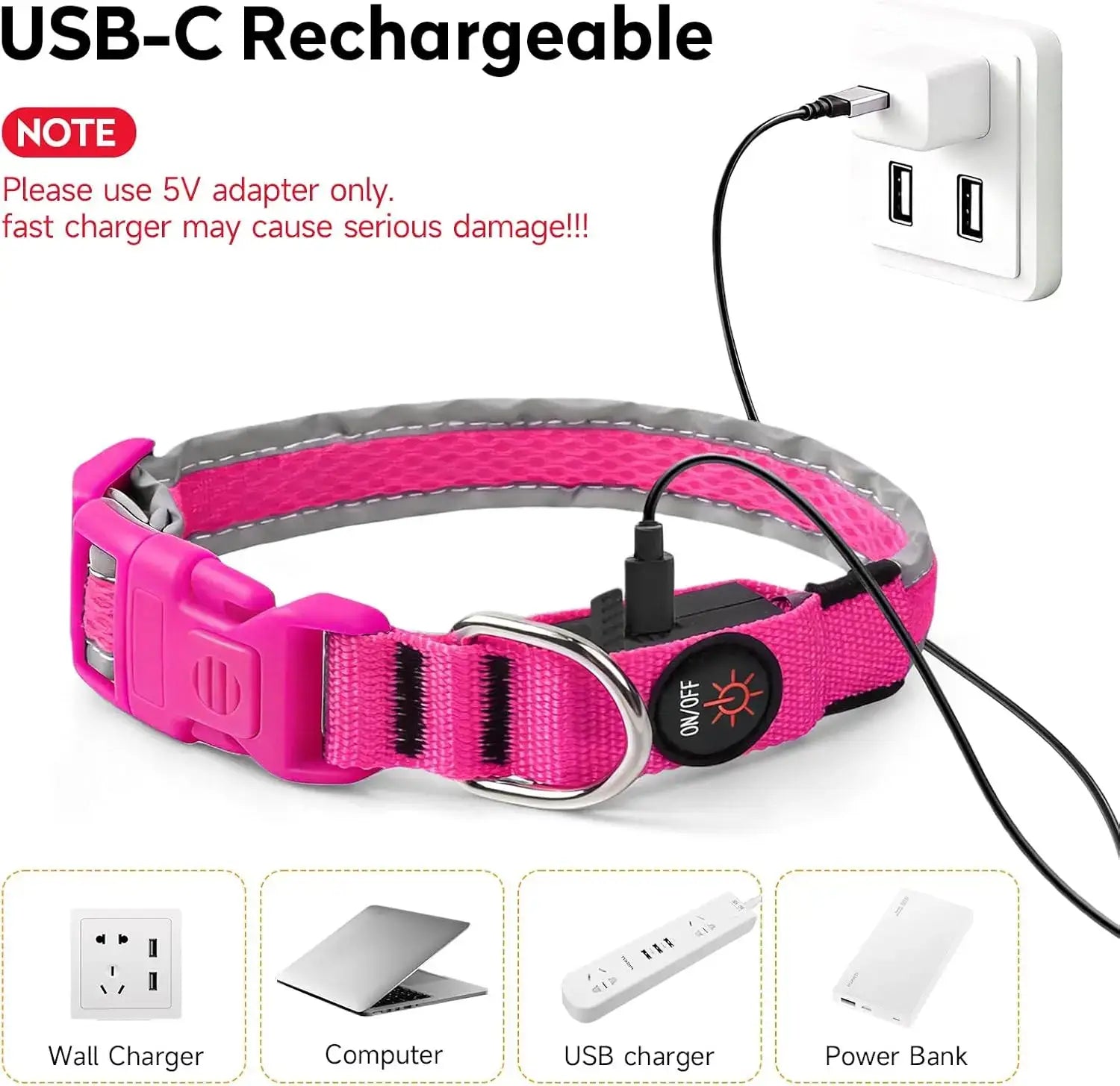 USB rechargeable LED dog collar, pink adjustable USB-C light up collar for small and medium dogs, night safety glow