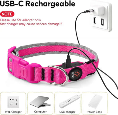 USB rechargeable LED dog collar, pink adjustable USB-C light up collar for small and medium dogs, night safety glow