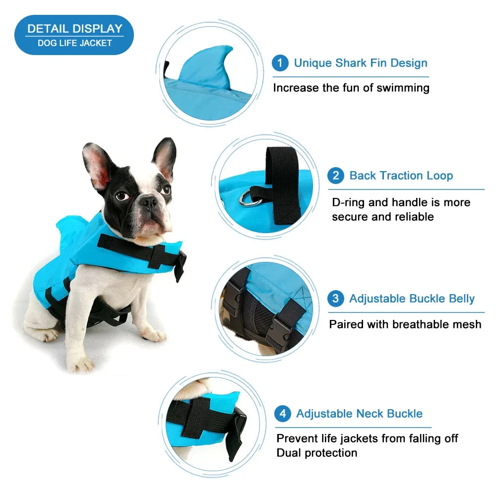 small dog shark fin life jacket with handle, adjustable buckles, and buoyant safety vest for swimming