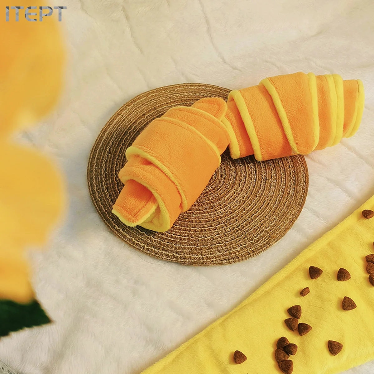 squeaky treat dispensing dog toy croissant plush for small to medium dogs, soft durable interactive pet plaything