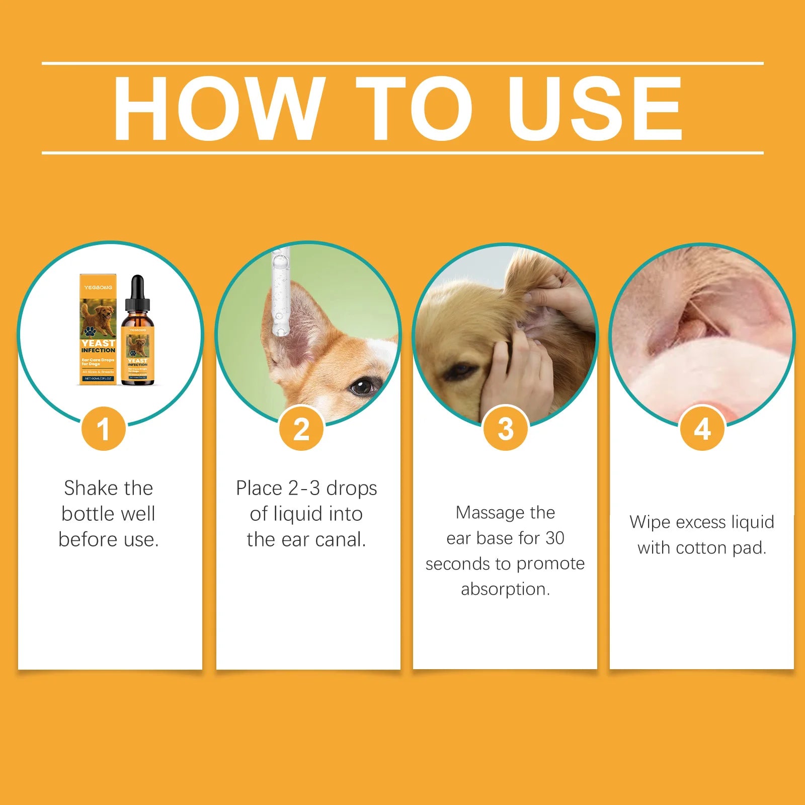 Dog ear cleaner step-by-step use instructions with images for applying drops and cleaning ears.