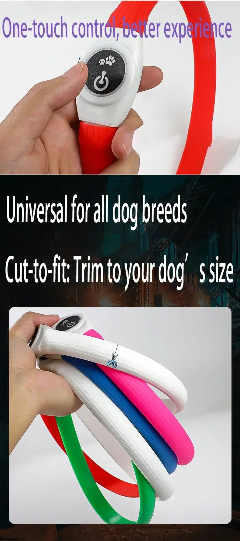 LED dog collar with one-touch control, USB rechargeable, waterproof PVC, adjustable fit for all dog breeds