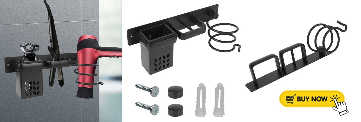 Hair dryer and styling tool wall holder organizer with mounting accessories and a &