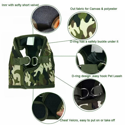 small dog harness leash set camouflage canvas chest vest with soft velvet lining, D-ring safety buckle, and chest Velcro
