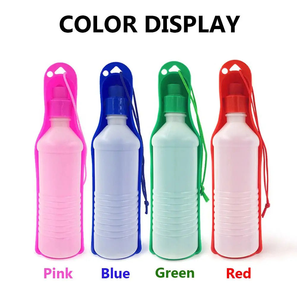portable pet water bottle for dogs in pink, blue, green, and red travel cup dispenser for dogs and cats
