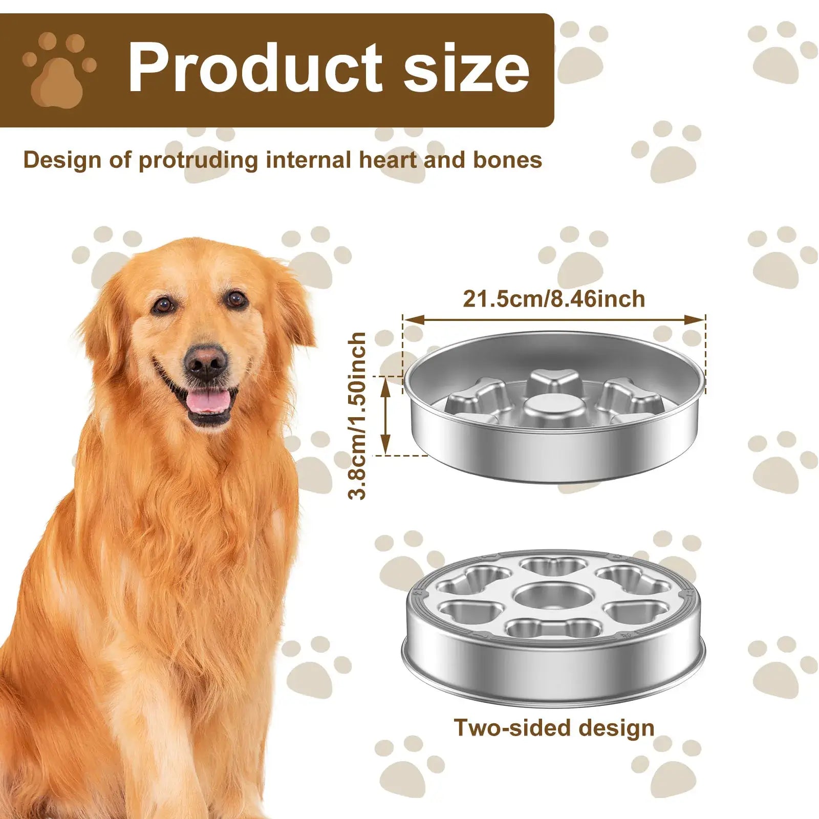 stainless steel slow feeder dog bowl product size, double-sided anti-choking pet bowl for dogs and cats