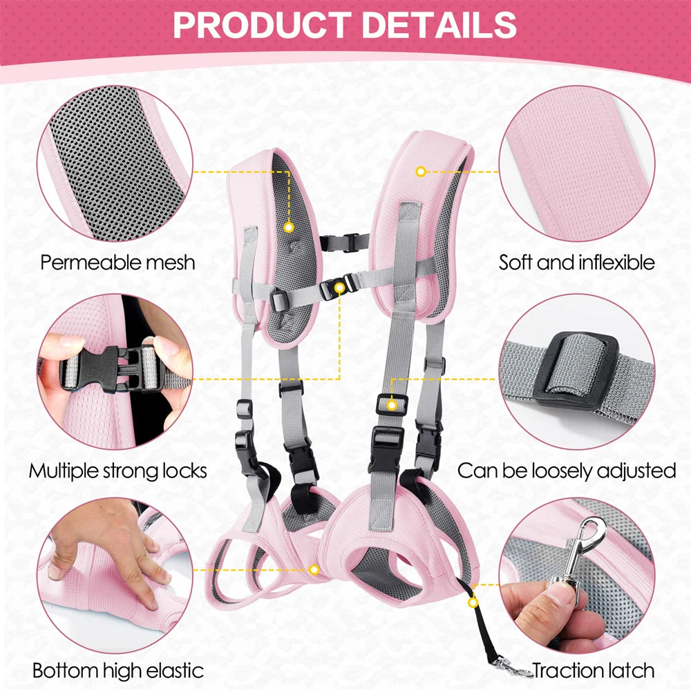 Pink horizontal dog carrier backpack with breathable mesh, adjustable straps, and secure locks for small to medium pets