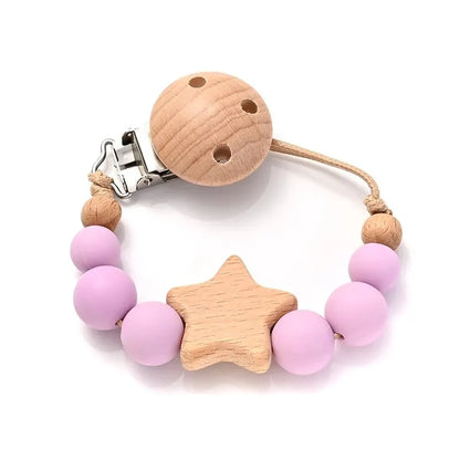 wooden pacifier clip teether with pink silicone round beads and star wood design, Color 7, for baby care