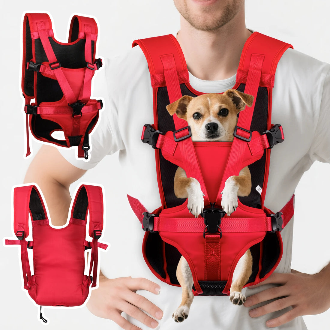 adjustable dog front carrier backpack red nylon breathable chest carrier for small dogs and cats, hiking, camping, travel