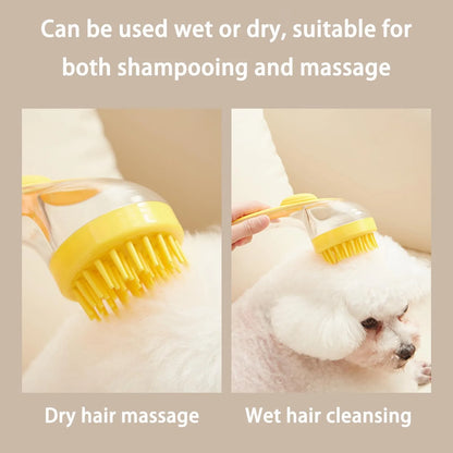 pet bath brush with shampoo dispenser for wet or dry grooming, gentle massage, and fur cleansing for dogs and cats